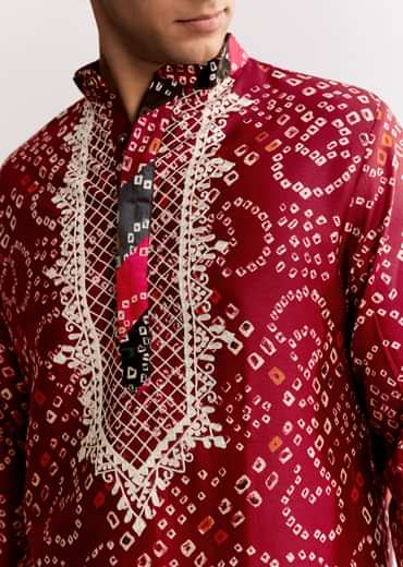 Red Silk Kurta Set With Bandhani Print