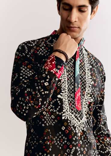 Black Silk Kurta Set With Bandhani Print