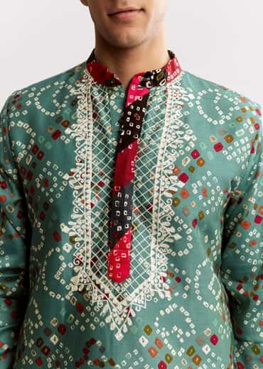 Sky Blue Silk Kurta Set With Bandhani Print