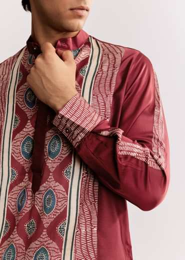 Red Silk Kurta Set With Ajrakh Print