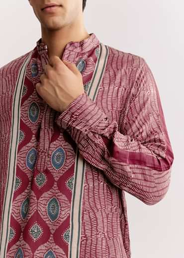 Red Silk Kurta Jacket Set With Ajrakh Print