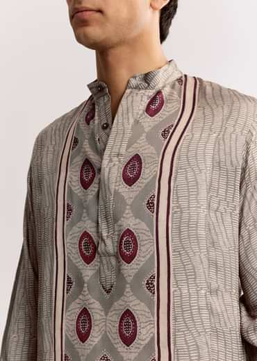 Grey Ajrakh Printed Kurta Set In Silk