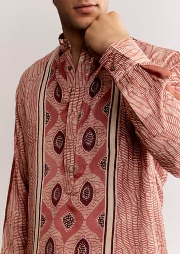 Orange Silk Kurta Set With Ajrakh Print