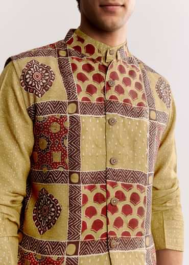 Yellow Linen Kurta Jacket Set With Ajrakh Print