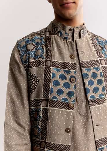 Grey Linen Kurta Jacket Set With Ajrakh Print