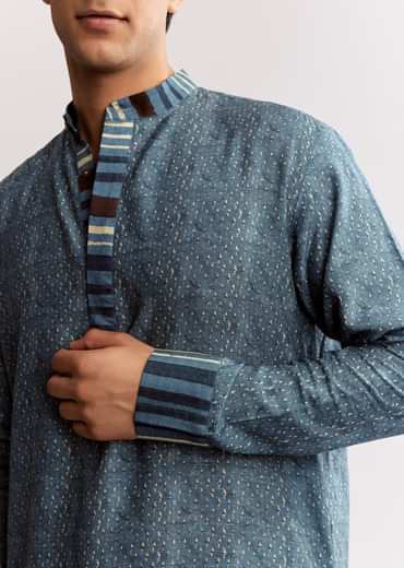 Blue Linen Kurta Set With Ajrakh Print