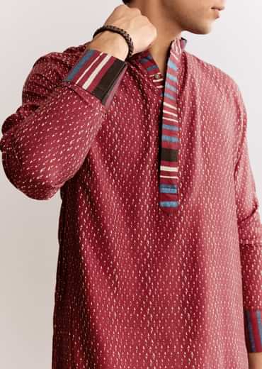 Red Linen Kurta Set With Ajrakh Print