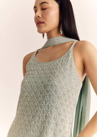 Mint Green Chinon Kurta Set With Cutdana Moti And Choker Dupatta