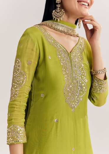 Green Zari Work Kurta Set With Chiffon Dupatta