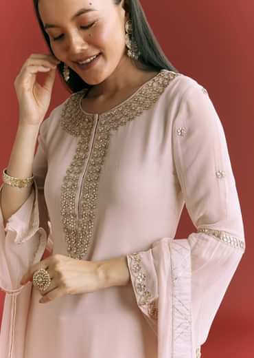 Baby Pink Georgette Kurta Sharara Suit With Moti Work And Gotta Lace