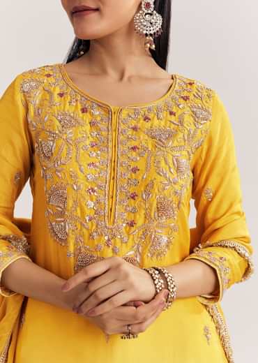Yellow Ombre Kurta Palazzo Suit With Zardosi And Sequins Work