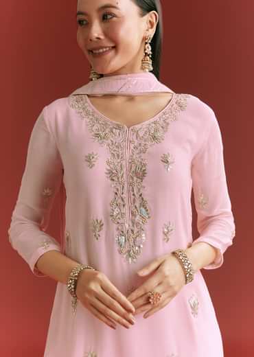 Baby Pink Georgette Kurta Sharara Suit With Organza Dupatta And Moti Work