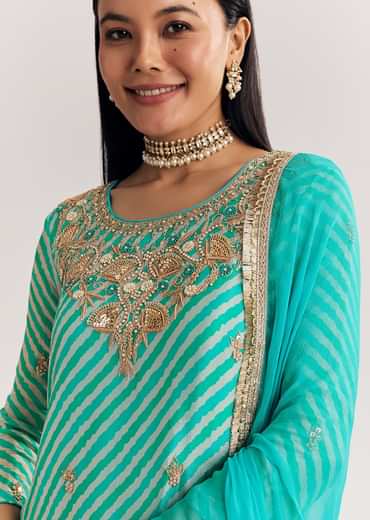 Aqua Blue Leheriya Kurta Palazzo Suit With Zardosi And Moti Work