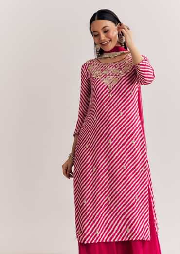 Pink Leheriya Zardosi Work Kurta Palazzo Suit