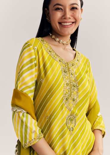 Mustard Leheriya Kurta Palazzo Suit With Cutdana And Sequins Work