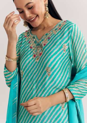 Aqua blue Georgette Kurta Palazzo Suit With Organza Dupatta And Gotta Work