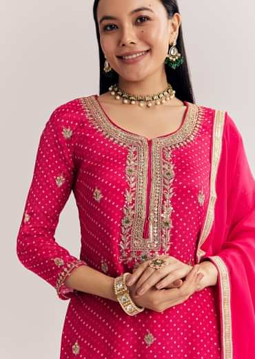 Pink Chinon Bandhani Palazzo Suit