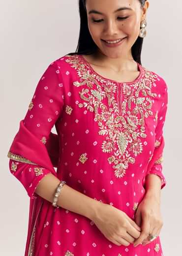 Pink Chinon Asymmetrical Kurta Palazzo Suit With Embroidery