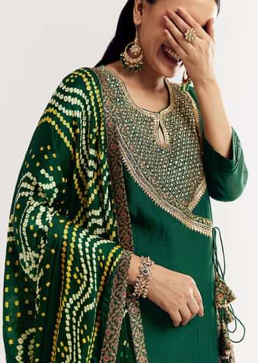 Dark Green Angrakha Kurta Set With Bandhani Dupatta