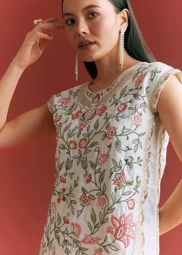 Off White Viscose Silk Short Kurta Set With Resham Work