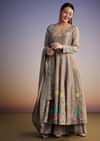 Grey Tissue Anarkali Set With Resham And Moti Work
