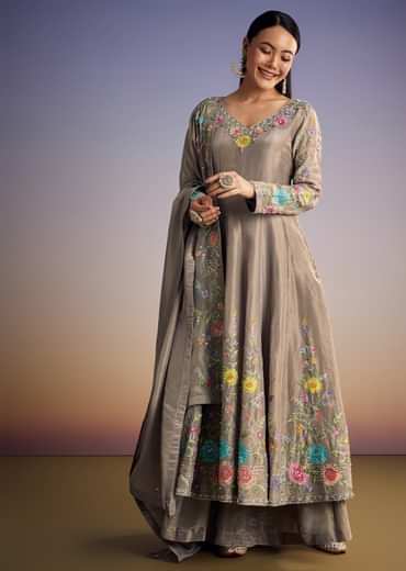 Grey Tissue Anarkali Set With Resham And Moti Work