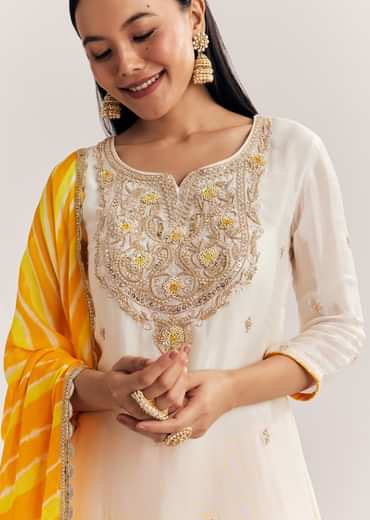 Mustard Ombre Leheriya Kurta Sharara Suit With Cutdana And Sequins Work