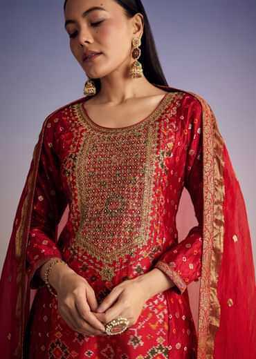 Red Patola And Bandhani Print Kurta Set With Banarasi Dupatta