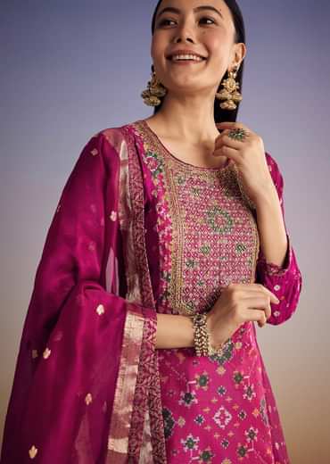 Purple Patola And Bandhani Print Kurta Set With Banarasi Dupatta