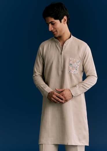 Cream Linen Kurta Set With Embroidery