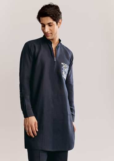 Blue Linen Kurta Set With Embroidery