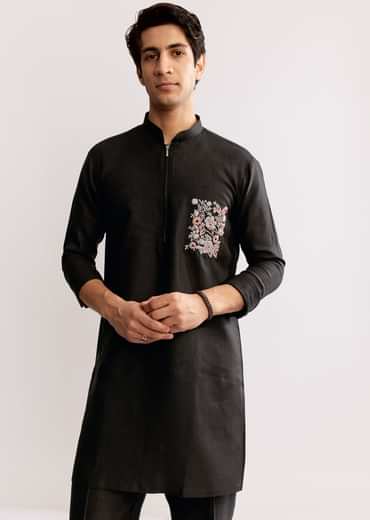 Black Linen Kurta Set With Embroidery