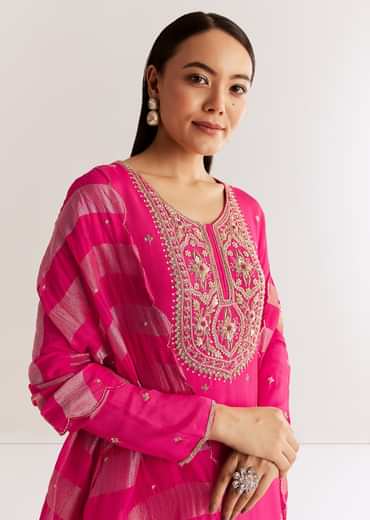 Pink Chinon Kurta Set With Zardosi And Cutdana Dupatta