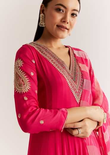 Pink Chinon Anarkali Set With Zardosi Sequins And Cutdana Work