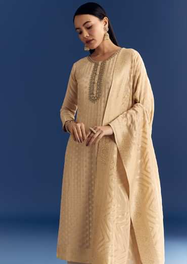 Beige Banarasi Georgette Kurta Set With Zardosi Neckline