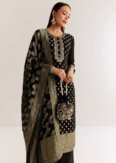 Black Georgette Banarasi Kurta Set With Mirror And Cutdana Neckline
