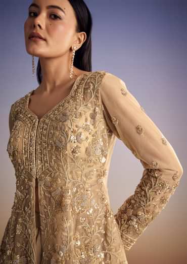 Beige Net Peplum Kurta Set With Beads And Sequins Work