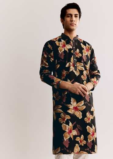 Black Silk Kurta Set With Floral Print