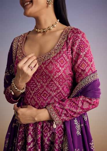 Pink And Purple Ombre Bandhani Anarkali Suit With Zardosi Neckline