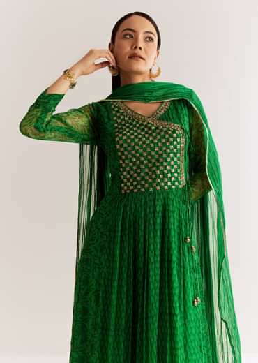 Dark Green Chiffon Angrakha Anarkali With Floral And Sequin Yoke