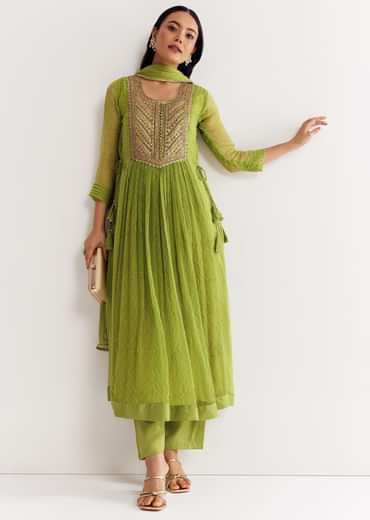 Light Green Printed Chiffon Kurta Dupatta Set With Sequin Work
