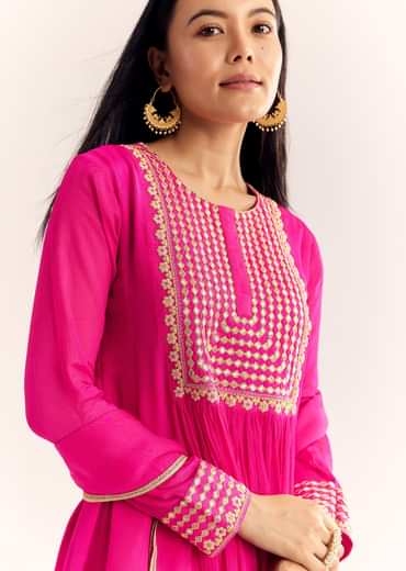 Pink Zari Neckline Chinon Anarkali Suit With Dupatta