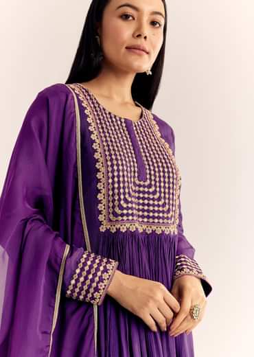 Purple Zari Neckline Chinon Anarkali Suit With Organza Dupatta