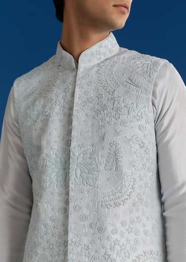 Sky Blue Silk Embroidered Jacket Kurta Set