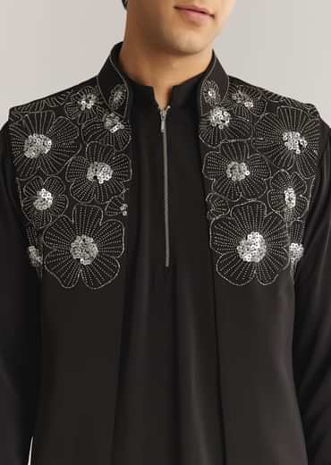 Black Suiting Cutdana Sequins Floral Kurta Jacket Set