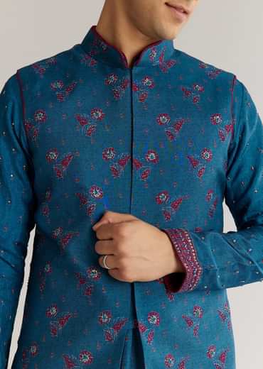 Blue Silk Cutdana Embroidered Kurta Jacket Set