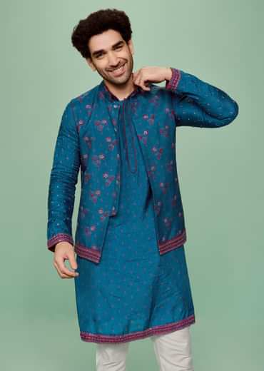 Blue Silk Cutdana Embroidered Kurta Jacket Set