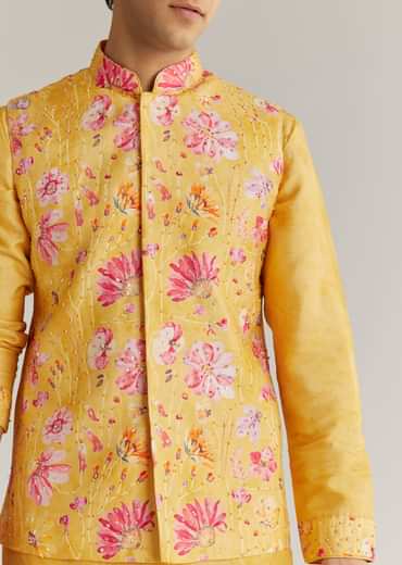 Yellow Silk Stone Sequins Cutdana Kurta Jacket Set