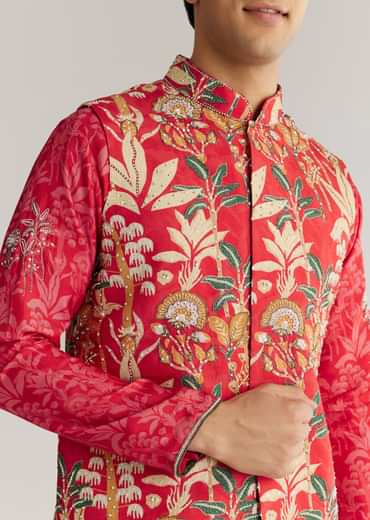 Red Silk 3D Crystal Pearl Floral Kurta Jacket Set