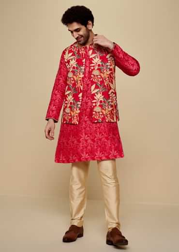 Red Silk 3D Crystal Pearl Floral Kurta Jacket Set